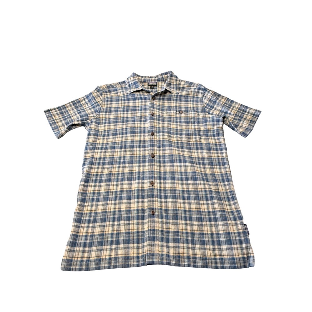 Patagonia Mens Organic Cotton Short Sleeve Plaid Button Down Shirt Blue Yellow M